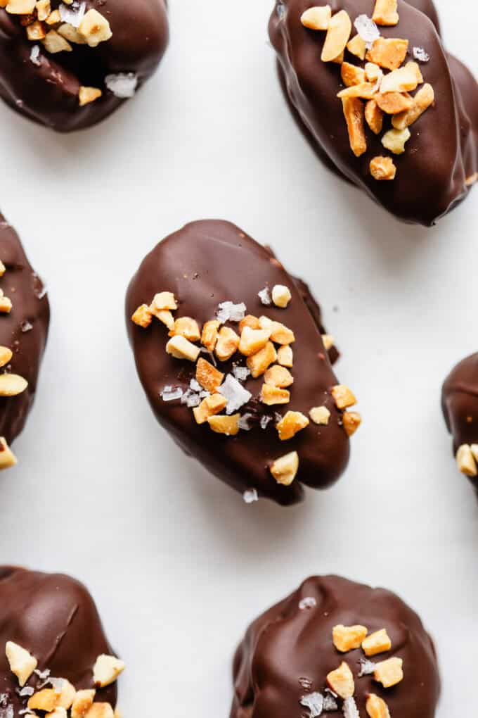 date snickers topped with crushed peanuts and sea salt